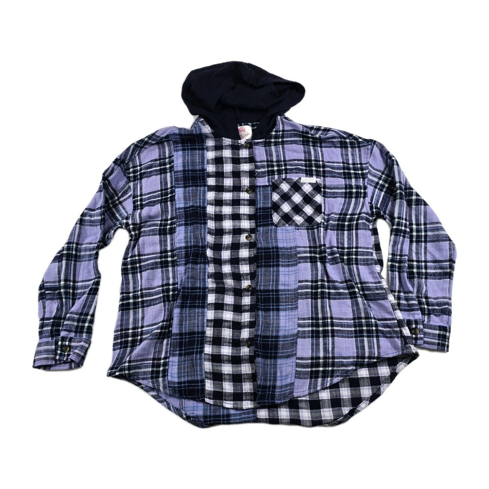 Justice Girls XL Plus Purple Plaid Mixed Print Hooded Flannel Button Down Shirt